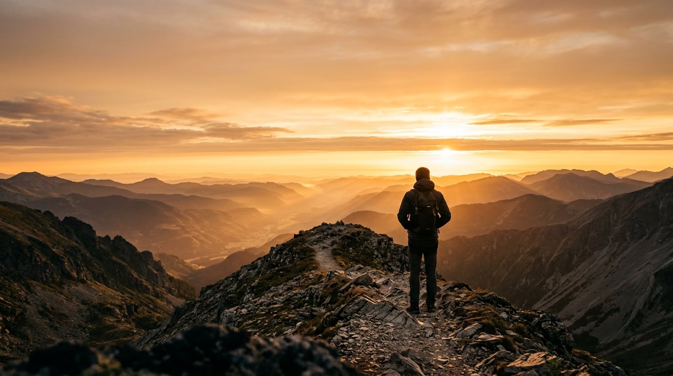 Person on a mountain ridge at sunrise
